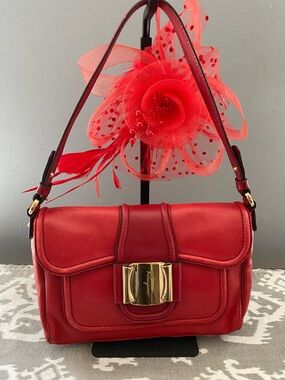 Salvatore Ferragamo Red Leather Shoulder Bag w/Gold Bow and Red Compact Wallet